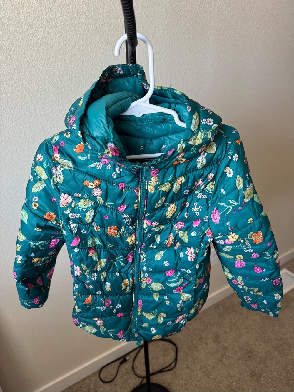 Zara Girls’ Teal Floral Hooded Puffer Coat